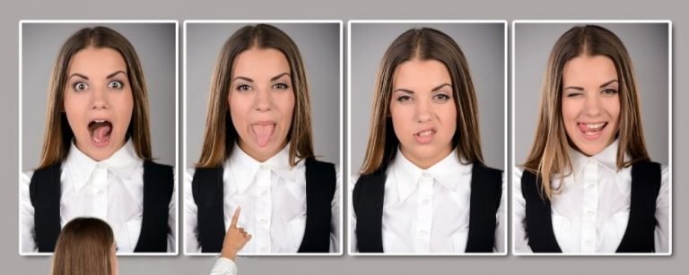 Four pictures of emotions and woman pointing to a